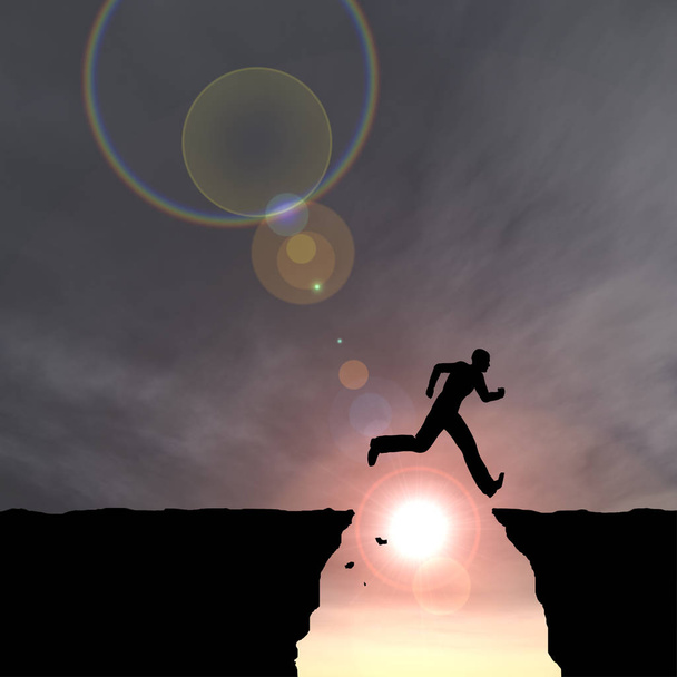 Έννοια ή εννοιολογική μικρά 3d απεικόνιση άνθρωπος ή επιχειρηματίας σιλουέτα ευτυχισμένη άλμα από βράχο πάνω από το χάσμα ηλιοβασίλεμα ή sunrise φόντο του ουρανού  - Φωτογραφία, εικόνα