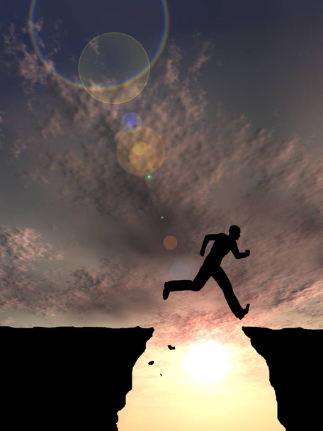 Käsitteellinen tai käsitteellinen nuori 3D-kuvitus mies tai liikemies siluetti hypätä onnellinen kalliolta kuilun yli auringonlasku tai auringonnousu taivas tausta
  - Valokuva, kuva