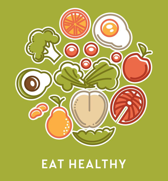 Харчові інгредієнти їдять здорові овочі та фрукти з рибою векторне яйце та яблучний лосось та брокколі авокадо та салат груші та апельсинове органічне харчування вегетаріанське меню травлення та метаболізм
. - Вектор, зображення