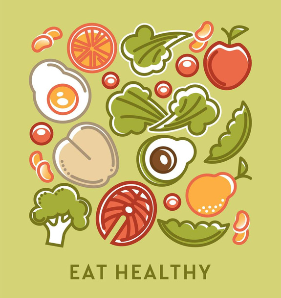 Dietary nutrition eat healthy diet and food vegetarian menu vector fruit vegetables and fish egg and salmon orange and apple pear and peas avocado and peach lettuce and broccoli beans metabolism. - Vector, imagen