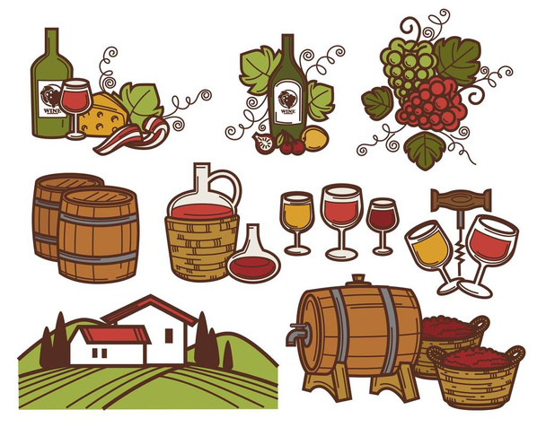 Οινοποίηση και το οινοποιείο μπουκάλια και ποτήρια βαρέλι και αγρόκτημα ή ένα αγρόκτημα διάνυσμα κόκκινων και λευκών σταφυλιών ποτά αλκοόλ ποτά βαρέλι ανοιχτήρι αμπέλου φυτεία καλλιέργεια Γεωργία Γεωργία κανάτα ψάθινο καλάθι. - Διάνυσμα, εικόνα