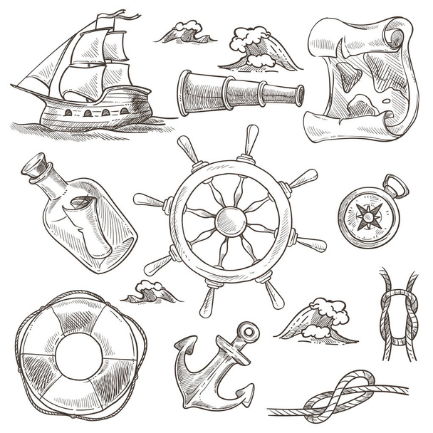 Ship and lifebuoy sea or marine symbols sketches world map and rudder wheel vector isolated compass and rope knots anchor and message in bottle spyglass vessel with sails monochrome drawings. - Vector, afbeelding