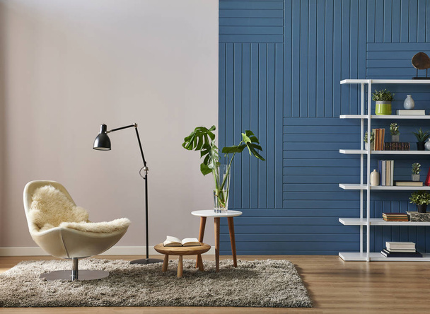 Decorativa sala azul com parede branca, vaso de prateleira de livro de plantas e design de moldura estilo interior. - Foto, Imagem