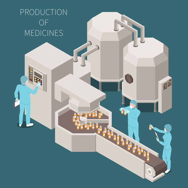 Pharmaceutical Production Isometric Colored Composition - Vector, Image