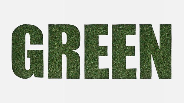 вид сверху вырезанных зеленых букв на зеленой траве, изолированных на белом
 - Фото, изображение