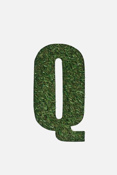 vista dall'alto di ritagliato Q lettera su sfondo erba verde isolato su bianco
 - Foto, immagini