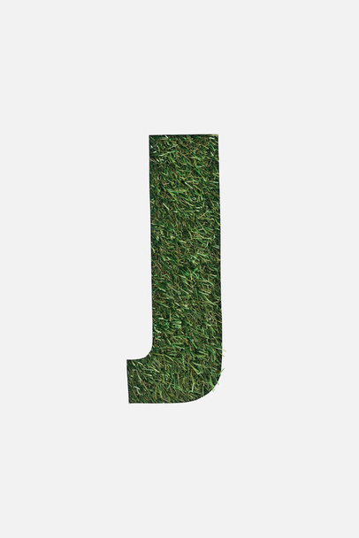 top view of cut out J letter on green grass background isolated on white - Photo, Image
