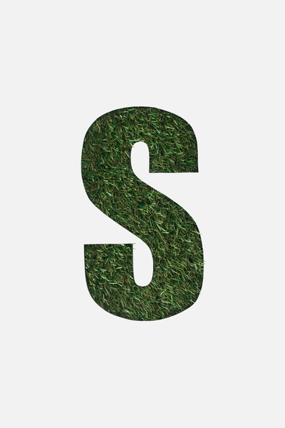 a zöld fű háttér elszigetelt fehér S betű kivágott felső nézetében - Fotó, kép