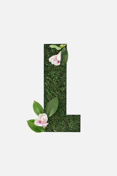 Draufsicht des ausgeschnittenen l Brief auf grünem Gras Hintergrund mit Blättern und Alstromerie-Blüten isoliert auf weiß - Foto, Bild