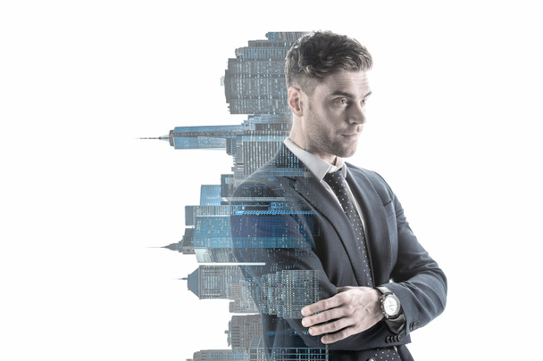 double exposure of confident businessman and new york city buildings vertical silhouette isolated on white - Photo, Image