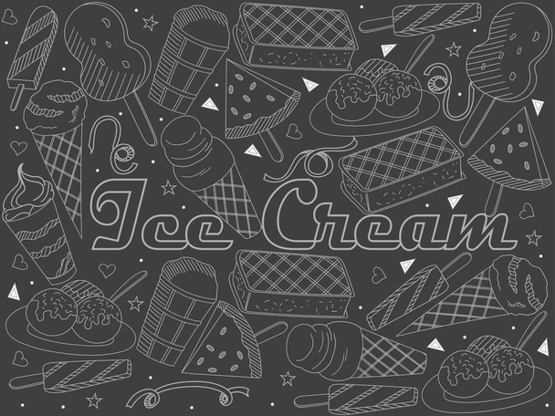 Objects of linear art piece of chalk. Theme of public catering, summer vacation, a set of various ice-cream Raster - Photo, Image