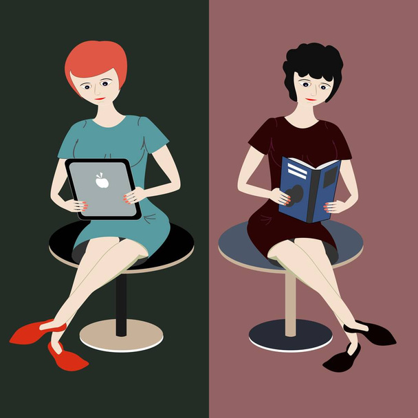 Δύο κορίτσια διαβάζουν. Μία γυναίκα με ευθεία κόκκινα μαλλιά διαβάζει από το tablet, άλλη κοπέλα με τα σγουρά μαλλιά σκούρα διαβάζει ένα βιβλίο. Σύγκριση e-αναγνώστη και το χαρτί του βιβλίου. Απομονωμένη χαρακτήρες και συμπληρωματικά χρώματα - Διάνυσμα, εικόνα