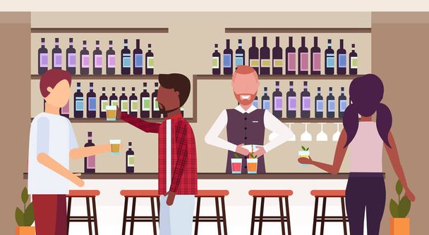 barman in uniform pouring drink in glasses bartender making cocktails and serving mix race clients talking drinking alcohol at bar counter modern restaurant interior flat horizontal - Vector, Imagen