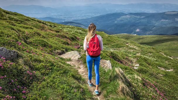 Mulher viajante ao ar livre com mochila passeios fora viagem em montanhas subida de caminhada de verão
 - Foto, Imagem