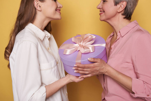 Cropped photo of brown-haired girl congratulating her mother with holiday - Photo, Image