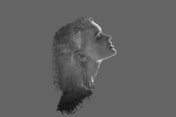 double exposure of beautiful woman profile and forest trees isolated on grey - Photo, Image