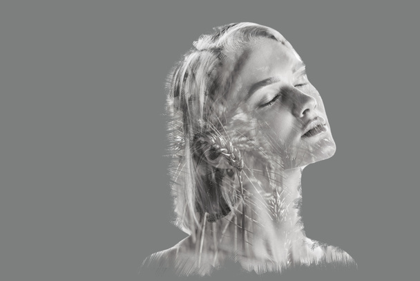 double exposure of attractive woman with closed eyes and plants isolated on grey - Photo, Image