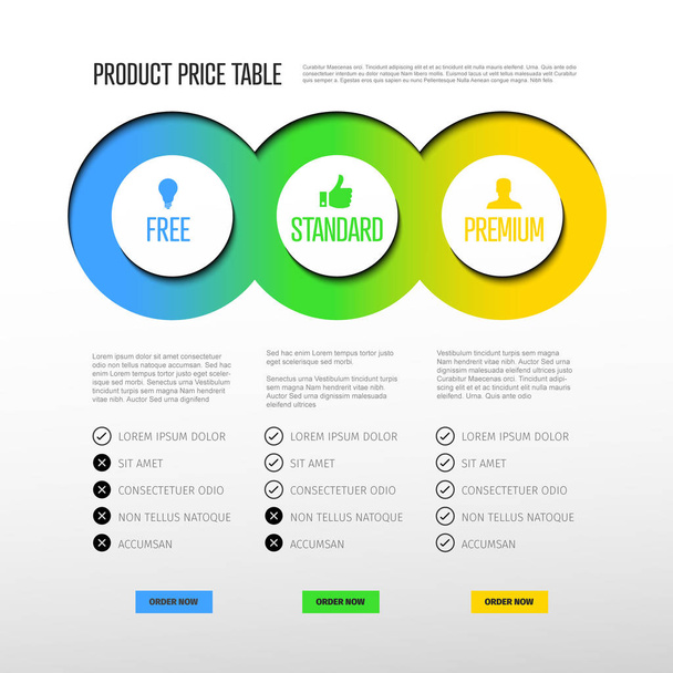 Produktpreis-Tischvorlage mit drei Optionen und modernen Farben auf hellem Hintergrund - Vektor, Bild