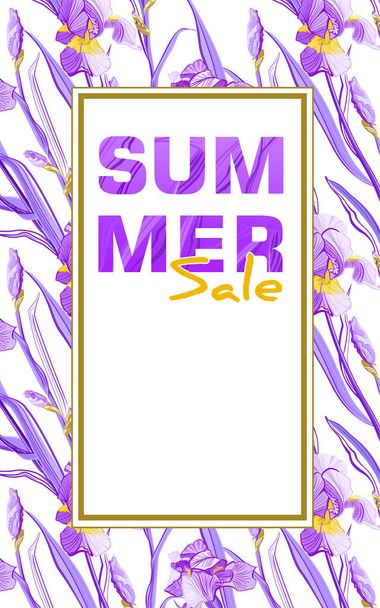 Summer sale banners with blue and purple flowers, flower iris design for banner, flyer, invitation, poster, placard, web site or greeting card.  - 写真・画像