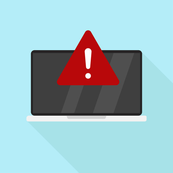 Kannettava tietokone virhe tai punainen merkki huomiota vaara virheilmoitus kannettava tietokone näytön sininen tausta varjovaroitus kuvaketta. Litteä muotoilu EPS 10
 - Vektori, kuva