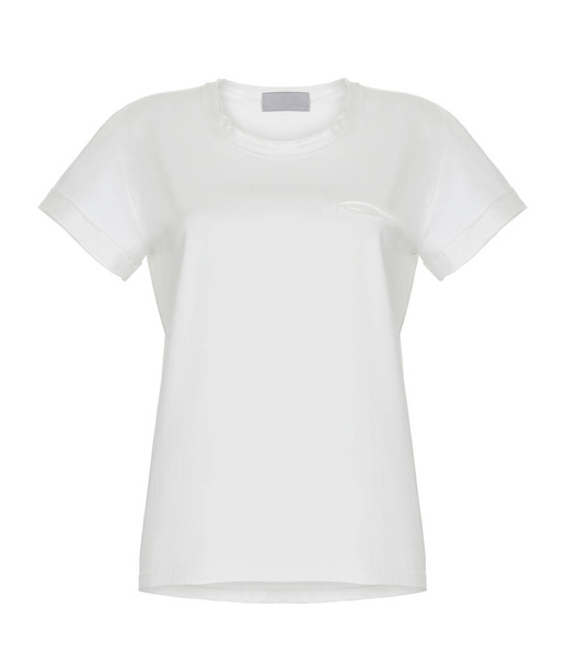 Beautiful unprinted white women's t-shirt, round neck, ghost mannequin, front view, mock-up - Fotó, kép