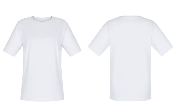 Hermosa camiseta blanca sin imprimir con mangas cortas, garganta redonda, en blanco, maniquí fantasma, vista frontal y trasera, maqueta
 - Foto, Imagen