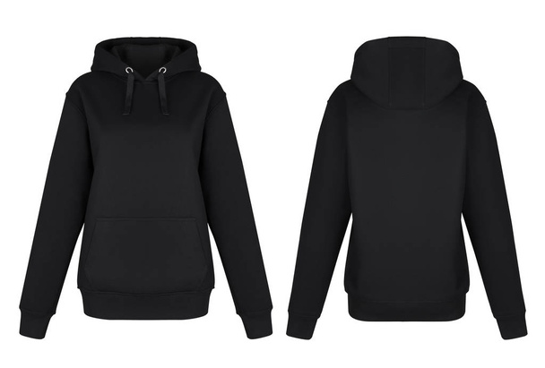 Güzel baskısız siyah uzun kollu hoodie, boyun, boş, hayalet manken, önden ve arkadan görünüm, mock-up yuvarlak - Fotoğraf, Görsel