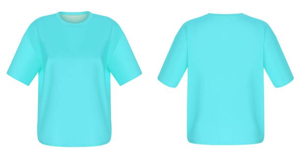 Hermosa camiseta azul brillante sin imprimir con mangas cortas, garganta redonda, en blanco, maniquí fantasma, vista frontal y trasera, maqueta
 - Foto, imagen