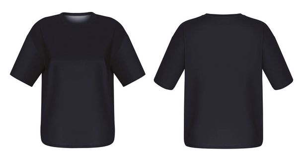 Hermosa camiseta negra sin imprimir con mangas cortas, garganta redonda, en blanco, maniquí fantasma, vista frontal y trasera, maqueta
 - Foto, imagen