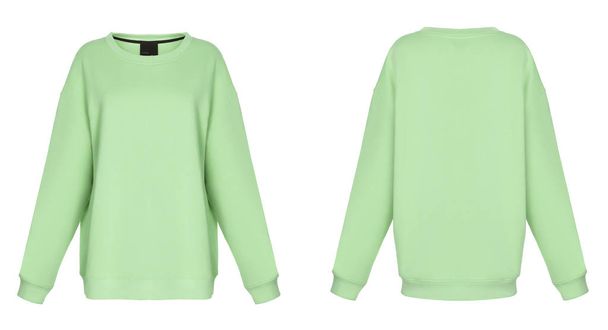 schönes hellgrünes, unbedrucktes langärmeliges Sweatshirt, Rundhalsausschnitt, blanko, Geisterpuppe, Vorder- und Rückansicht, Attrappe - Foto, Bild