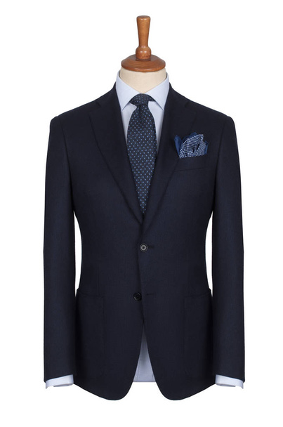 Classic men's black jacket, blue shirt and polka dot tie on a tailor's mannequin, isolated on white background - Φωτογραφία, εικόνα