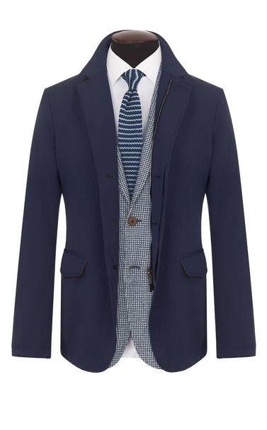 Chaqueta clásica de lana a cuadros azul para hombre, abrigo azul, camisa y corbata sobre un maniquí de sastre, aislado sobre fondo blanco
 - Foto, Imagen