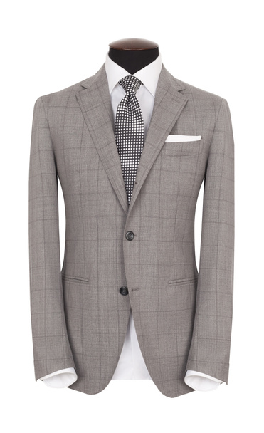 Κλασικό ανδρικό γκρι καρώ μάλλινο σακάκι, πουκάμισο και γραβάτα σε έναν ράφτη του ανδρεικέλου, απομονώνονται σε λευκό φόντο. - Φωτογραφία, εικόνα