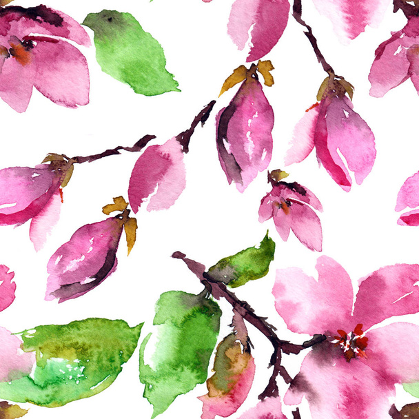 Seamless floral pattern with pink magnolia. Watercolor pink flowers. Magnolia blossom. Wedding floral design. - 写真・画像