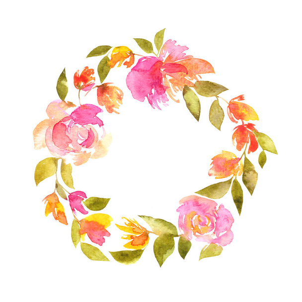 Floral wreath. Watercolor flowers for greeting card decor. Wedding invitation floral design. Floral festive frame with pink and yellow flowers. - Φωτογραφία, εικόνα