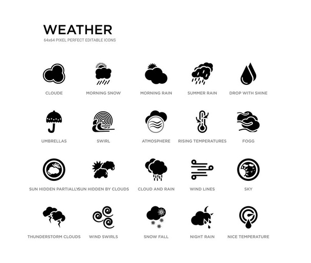 meg a 20 fekete töltött vektor ikonok, mint a szép hőmérséklet, ég, ködg, csepp ragyog, éjszakai eső, hó esik, esernyők, nyári eső, reggel eső, reggeli hó. Időjárás fekete ikonok gyűjtése. - Vektor, kép