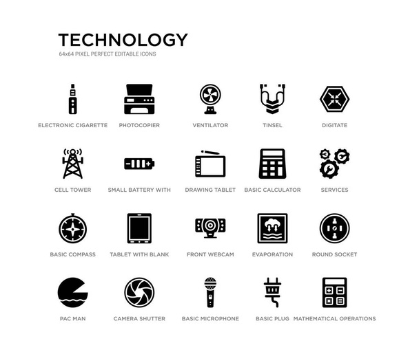 set of 20 black filled vector icons such as mathematical operations, round socket, services, digitate, basic plug, basic microphone, cell tower, tinsel, ventilator, photocopier. technology black - Vector, Image