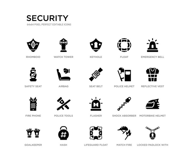 set of 20 black filled vector icons such as locked padlock with chain, motorbike helmet, reflective vest, emergency bell, match fire, lifeguard float, safety seat, float, keyhole, watch tower. - Vector, Image