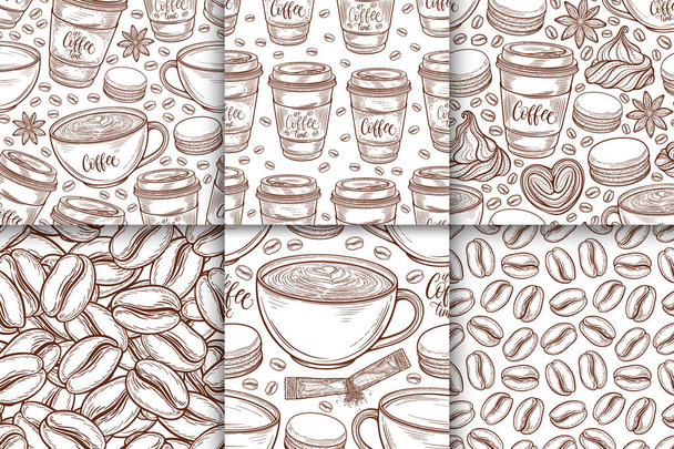 Koffie kopjes bonen, mokken, bitterkoekjes naadloze patroon set. Vector achtergrond hand getrokken in de collectie lines. Decoratieve schets doodle illustratie - Vector, afbeelding