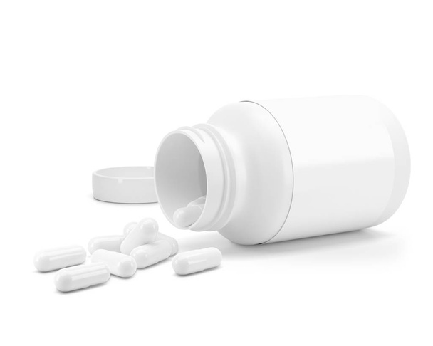 3D White can with vitamins. Bottle with white pills. 3d render. 3D image. 3D model - Photo, image
