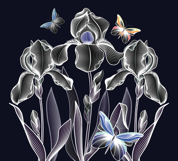Three delicate contoured irises with butterflies in pastel colors - Vector, Image