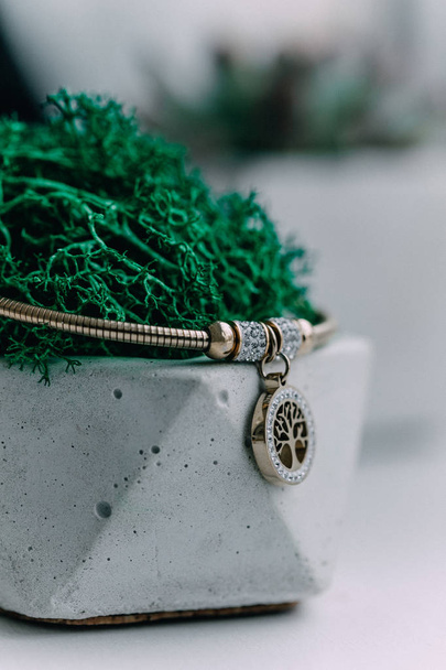 A close-up of a gold bracelet with a tree pendant lying on a little white pot. - Fotoğraf, Görsel