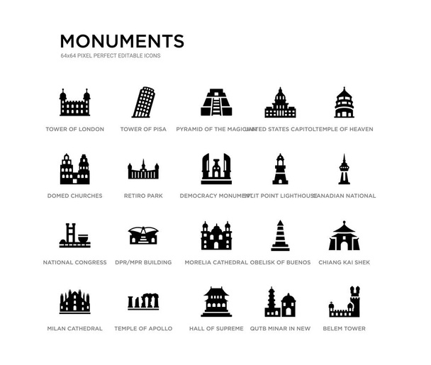 set of 20 black filled vector icons such as belem tower, chiang kai shek memorial hall, canadian national tower, temple of heaven in beijing, qutb minar in new delhi, hall of supreme harmony in - Vector, Image
