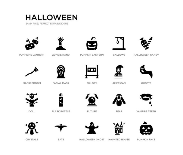 készlet 20 fekete töltött vektor ikonok, mint a sütőtök arca, vámpír fogak, szellemek, Halloween cukorka, kísértetjárta ház, Halloween szellem, mágikus seprű, akasztófa, sütőtök lámpa, zombi kézzel. Halloween fekete - Vektor, kép