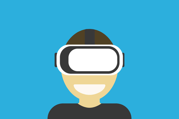 Virtual reality glasses on mans head gaming mask on blue background. Flat design - Vector, Image