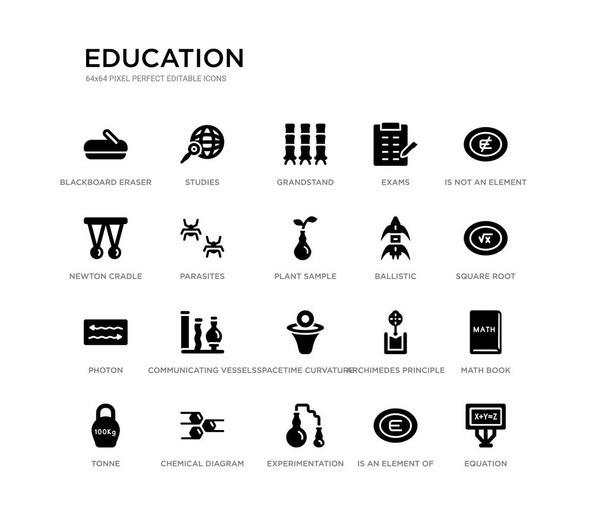 set of 20 black filled vector icons such as equation, math book, square root, is not an element of, is an element of, experimentation, newton cradle, exams, grandstand, studies. education black - Vector, Image