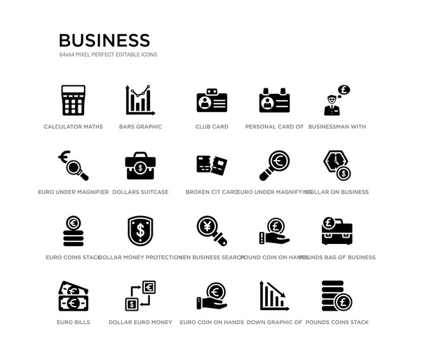 set of 20 black filled vector icons such as pounds coins stack, pounds bag of business, dollar on business time, businessman with pounds message in a speech bubble, down graphic of business stats, - Vector, Image