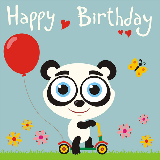 greeting card with cute funny cartoon character of panda with big eyes on scooter with red balloon at meadow and text Happy birthday - Vektör, Görsel