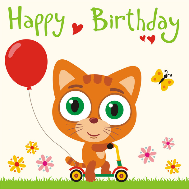 greeting card with cute funny cartoon character of kitten with big eyes on scooter with red balloon at meadow and text Happy birthday - Vecteur, image
