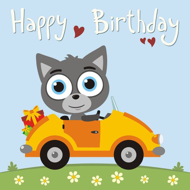 greeting card with cute funny cartoon character of wolf with big eyes in car with gifts on meadow and text Happy birthday  - Vector, imagen